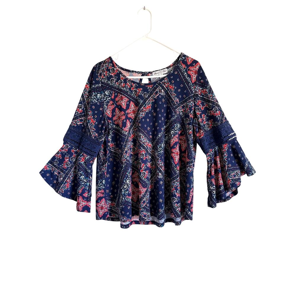 Stem & Vine Patchwork Top Long Bell Sleeves Crochet Detail 1X Bohemian Cowgirl